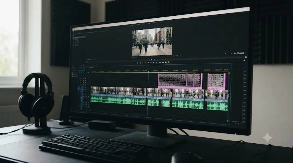 Illustration of a DaVinci Resolve timeline showing automated silence cuts, animated captions, and a generated B-roll clip applied by an AI plugin