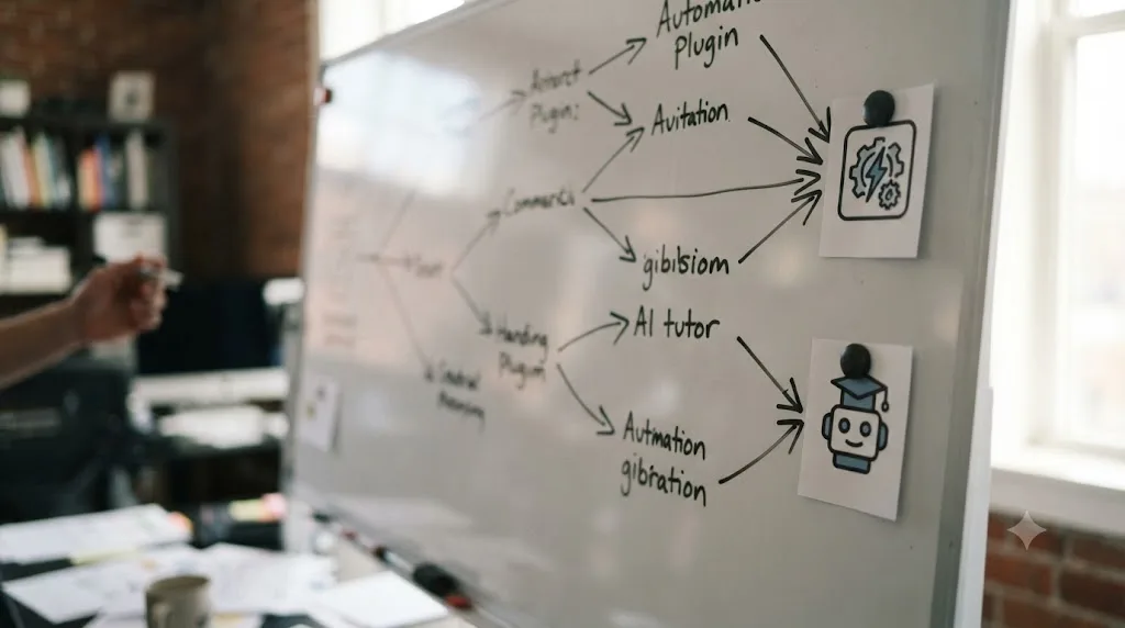 Illustration of a branching decision tree diagram leading toward either an automation plugin icon or an AI tutor icon