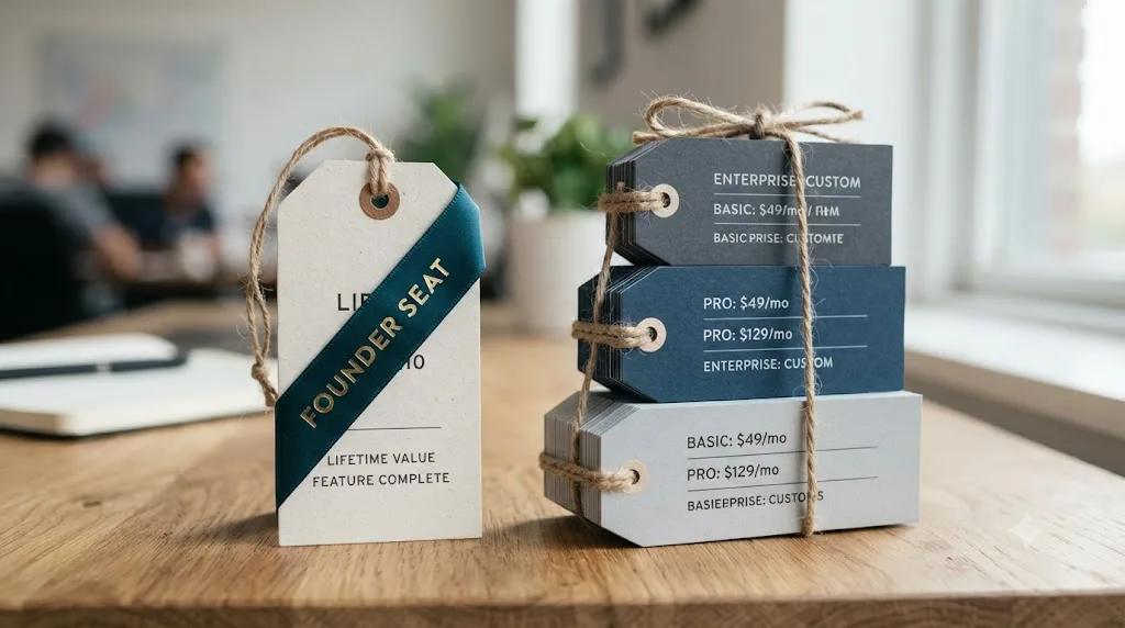 Illustration of a single price tag with a founder seat ribbon next to a stack of tiered competitor price tags