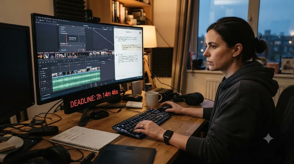 Illustration of a freelance editor working against a deadline clock with an automated silence cut running alongside an AI tutor answering a question