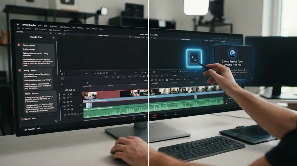 Illustration of a split scene showing a Claude chat panel editing a DaVinci Resolve timeline next to an AI tutor pointing at a control on the same screen