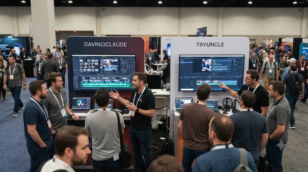 Illustration of a trade show floor with AI editing agent booths and editors watching timelines being edited live on demo screens