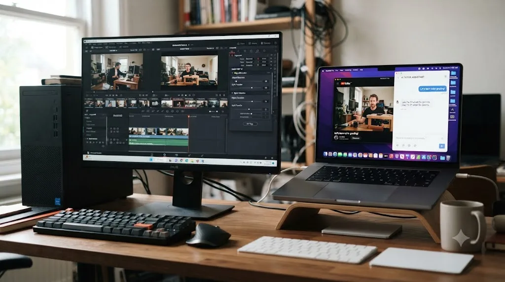 Illustration of a Windows PC running an AI editing plugin next to a Mac showing an AI tutor overlay, representing platform availability