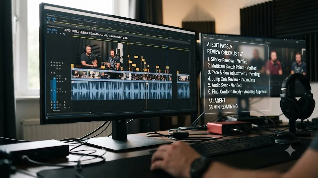 Illustration of a long podcast timeline being automatically trimmed by an AI editing pass with a review checklist floating beside it