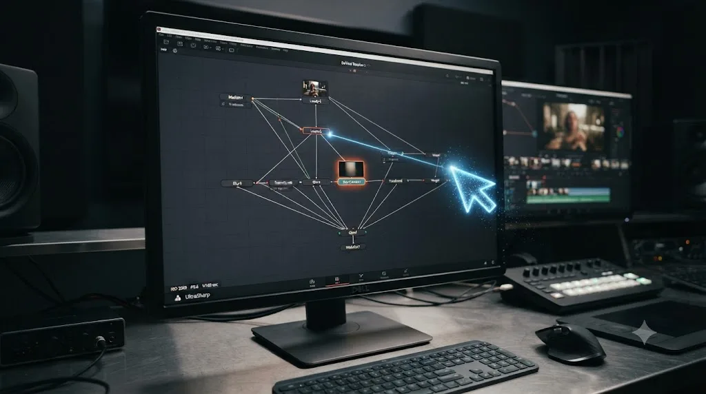Illustration of a DaVinci Resolve Fusion node tree with one node highlighted as out of order and an AI tutor pointer indicating the fix