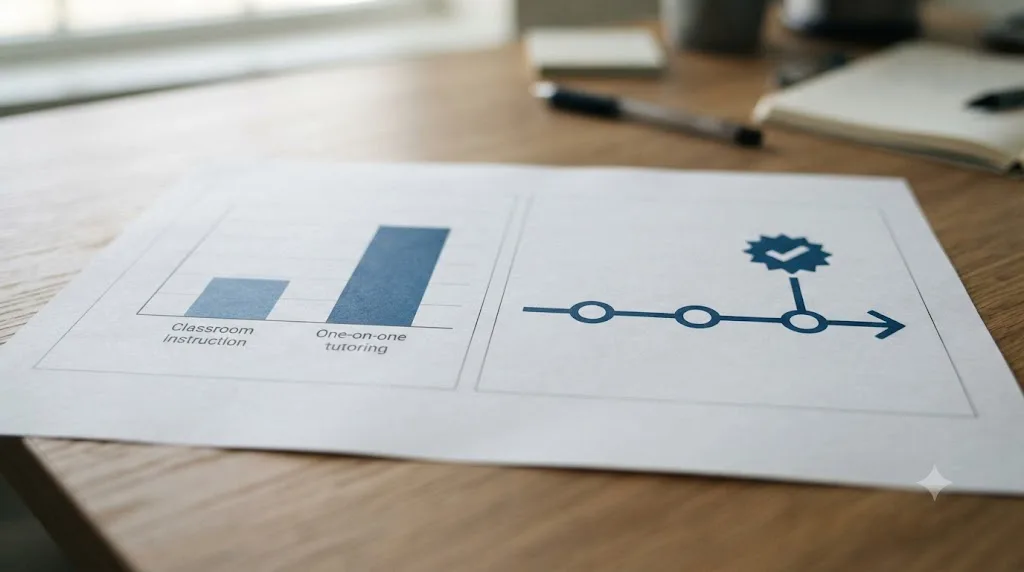 Illustration of a bar chart comparing classroom instruction to one-on-one tutoring next to an automated timeline icon