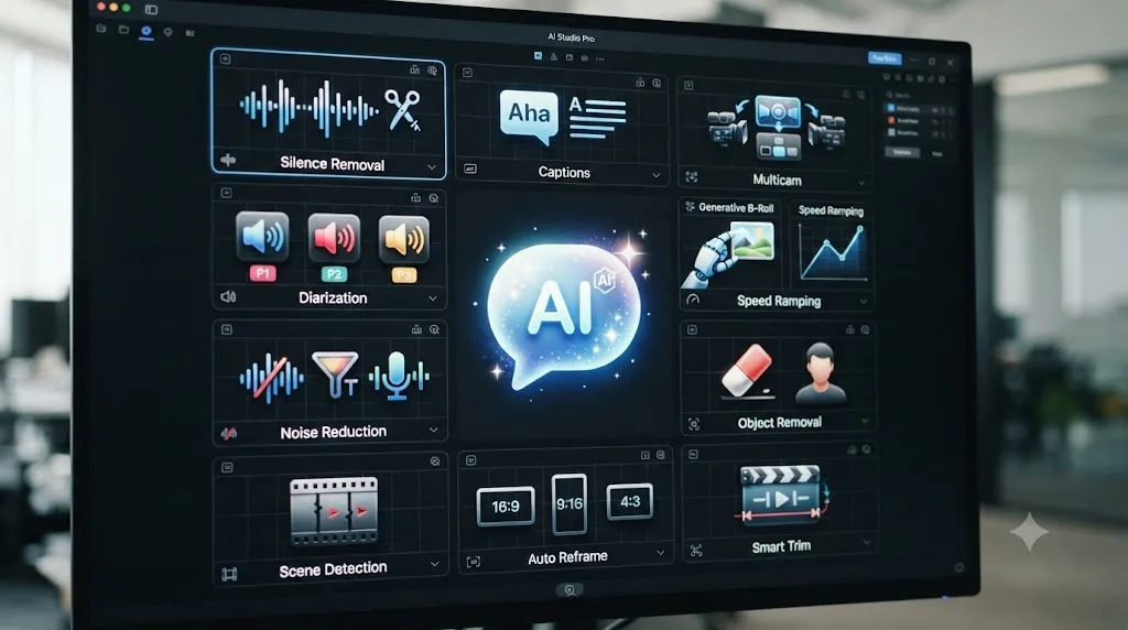 Illustration of a grid of twelve labeled AI editing tool icons arranged around a central chat bubble icon