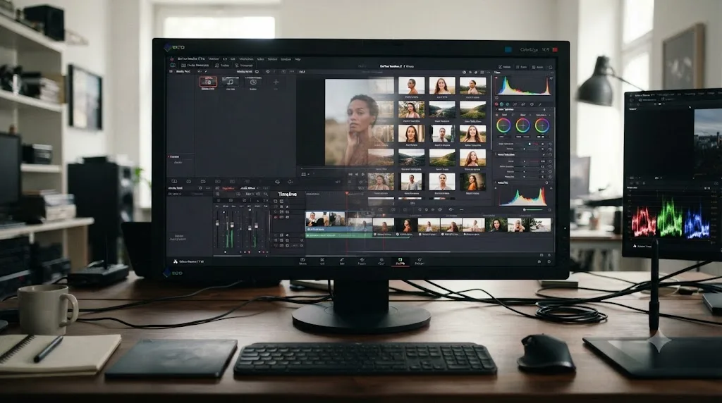 Illustration of a DaVinci Resolve interface transitioning from an older panel layout to the newer Resolve 21 Photo page layout