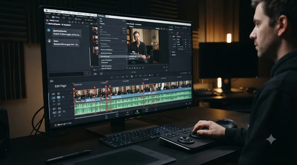 Illustration of a DaVinci Resolve Workspace menu with an AI chat panel open beside a timeline showing highlighted silence gaps
