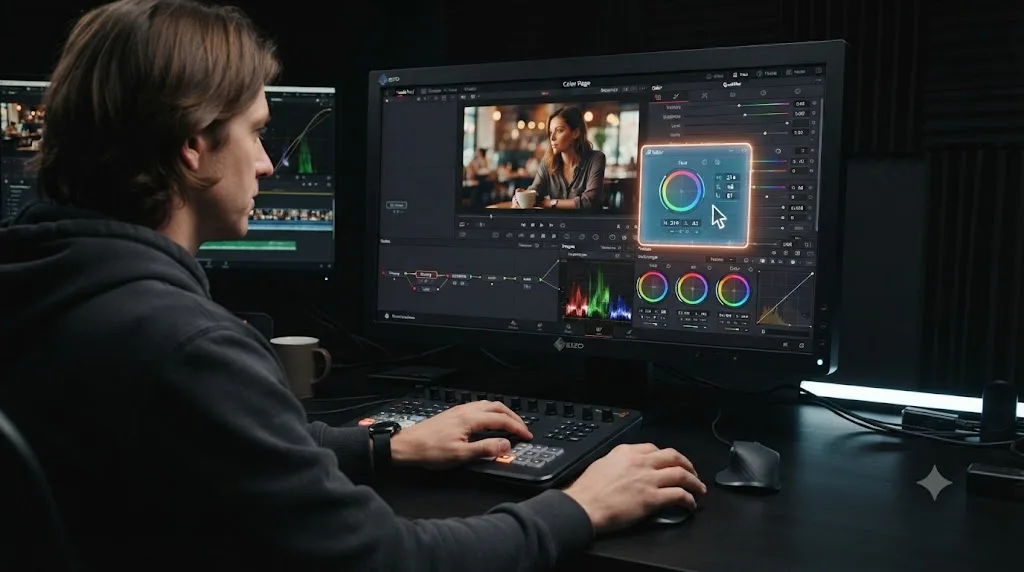 Illustration of an AI tutor overlay drawing a glowing box around a control inside a DaVinci Resolve Color page