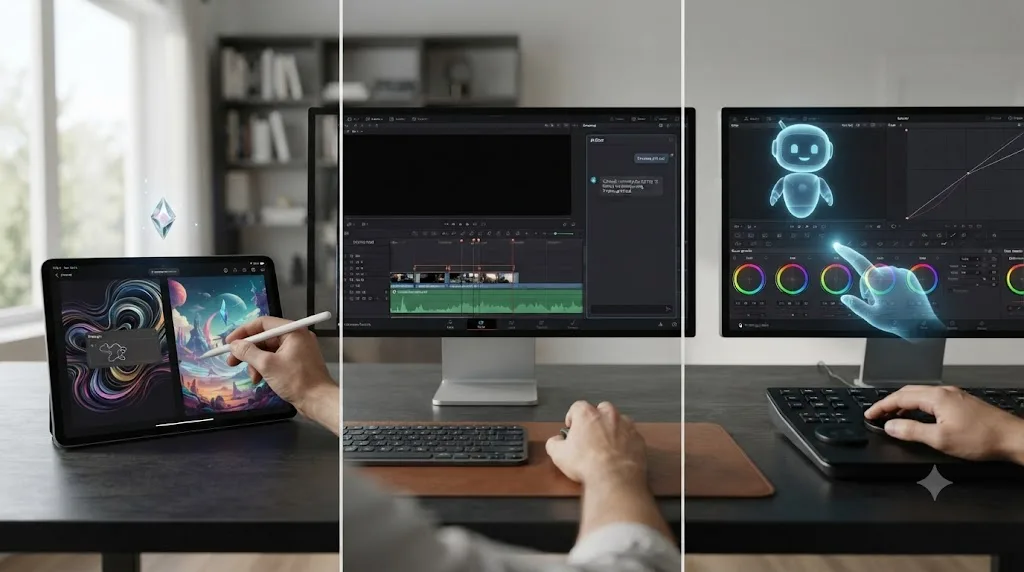 Illustration of three separate lanes representing AI generation, AI editing assistants, and an on-screen pointing assistant as distinct categories
