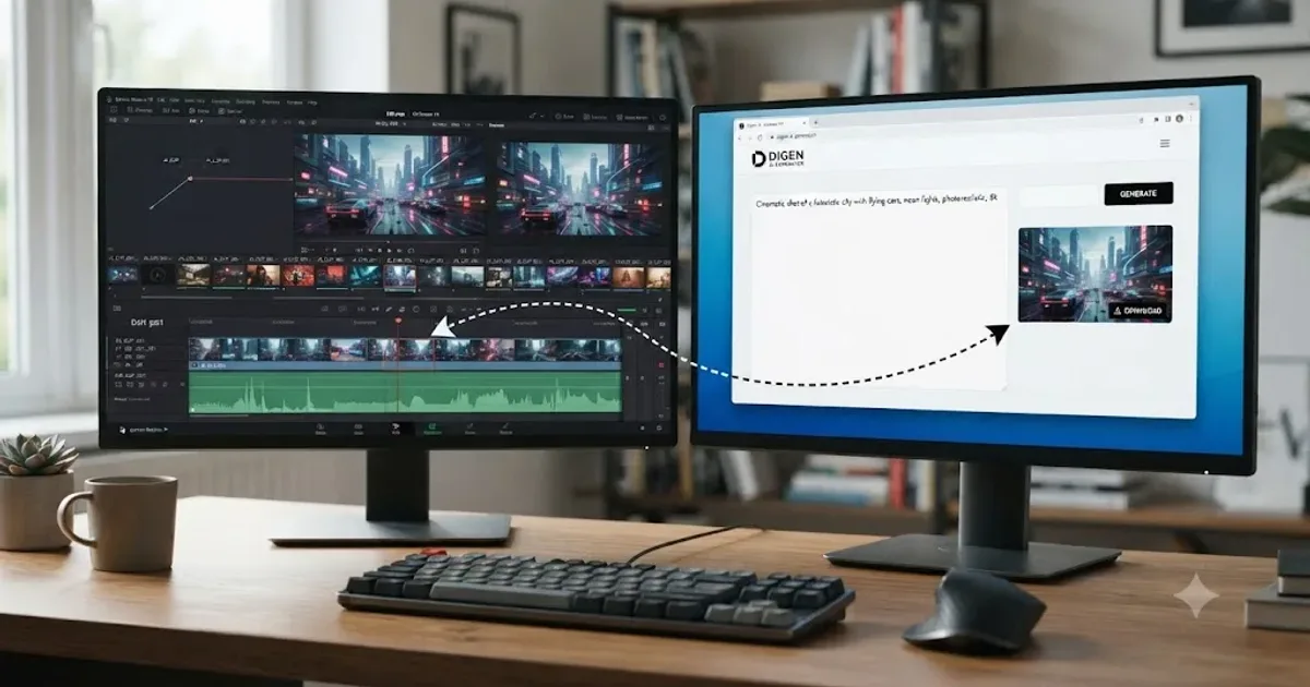 Illustration of a DaVinci Resolve timeline next to a separate AI video generation window with a text prompt box, connected by an arrow showing a clip being imported
