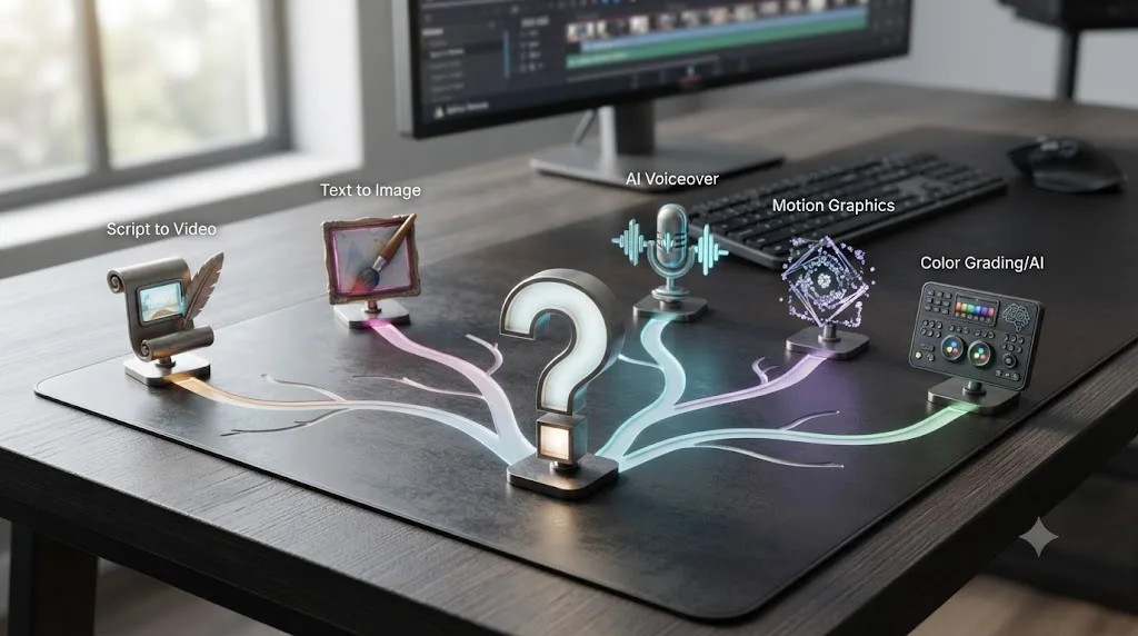 Illustration of a decision tree branching into five paths, each leading to a different AI video tool icon