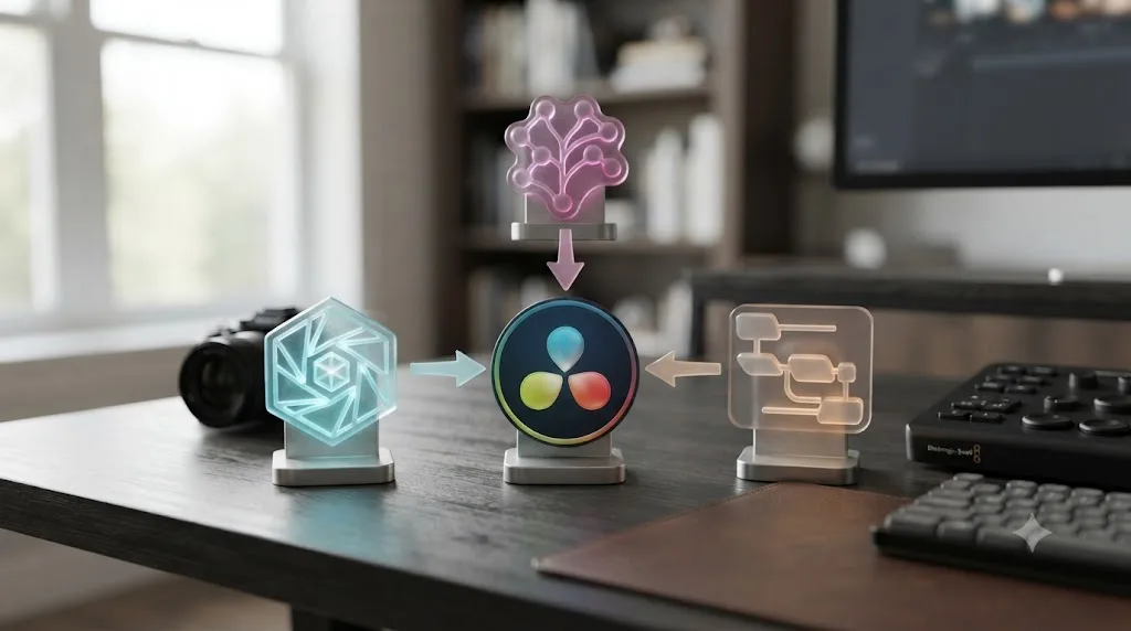 Illustration of three separate AI video generation tool icons each feeding a clip into a single shared DaVinci Resolve timeline