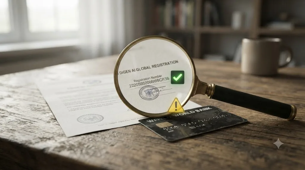 Illustration of a magnifying glass reviewing a company registration document next to a credit card, with a checkmark and a caution icon representing mixed trust signals