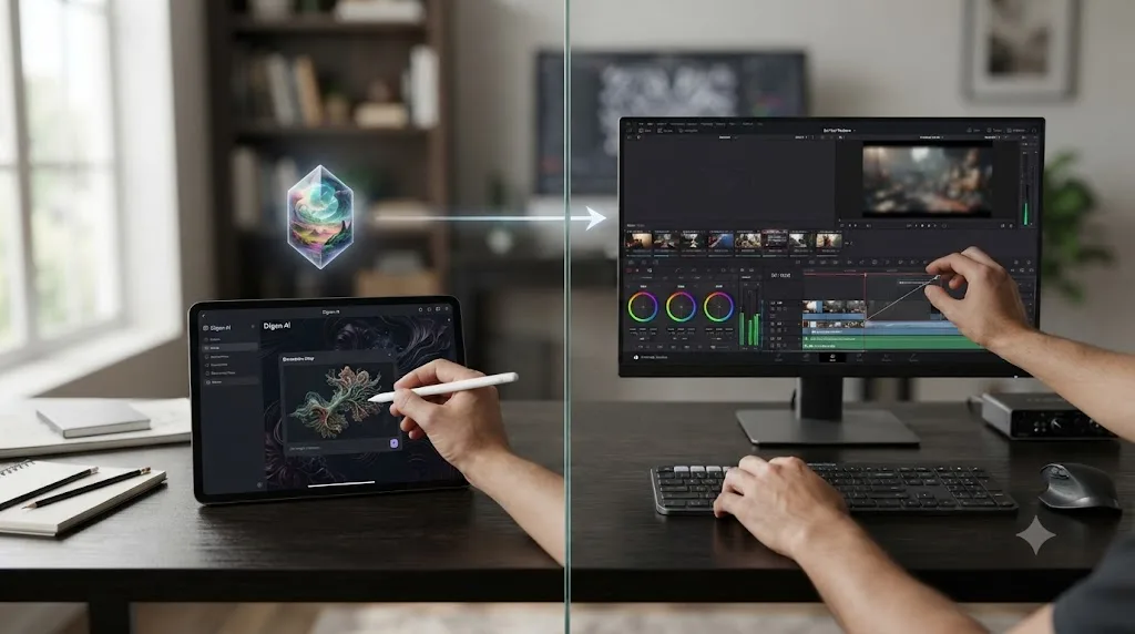 Illustration contrasting AI generation tools that create clips with editing tools that assemble and finish a timeline