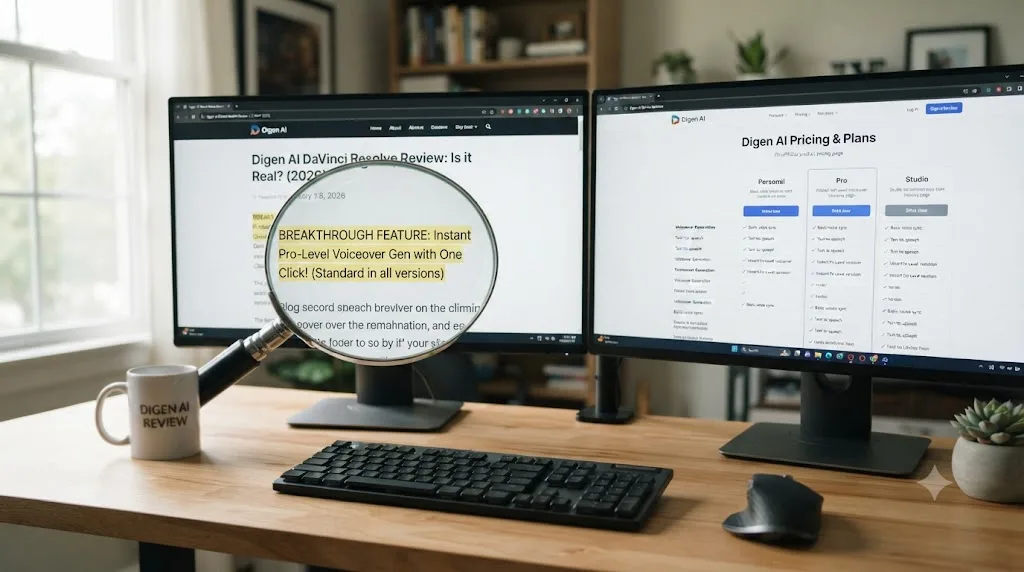 Illustration of a magnifying glass comparing a marketing blog claim against an official pricing page that doesn't mention the same feature