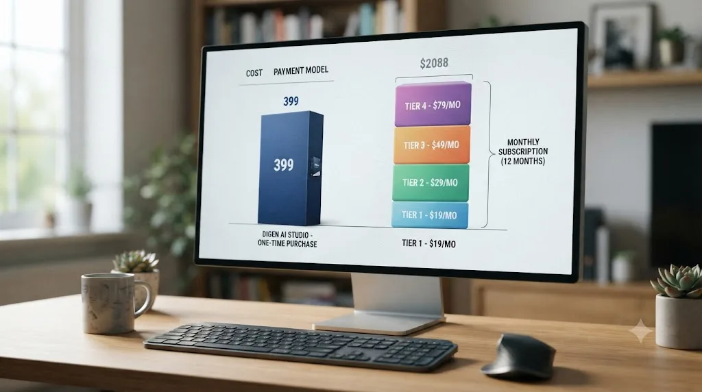 Illustration of a bar chart comparing a one-time software purchase against a stack of recurring monthly subscription payments