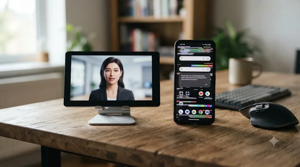 Illustration of a smooth avatar video on one screen next to a glitched mobile interface on another, representing inconsistent reliability
