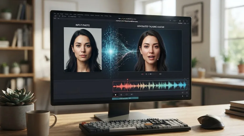 Illustration of a still photograph being converted into a talking avatar with a synced audio waveform beneath it