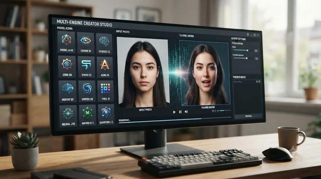 Illustration of a multi-model AI video generation dashboard with several engine icons and a still photo turning into a talking avatar