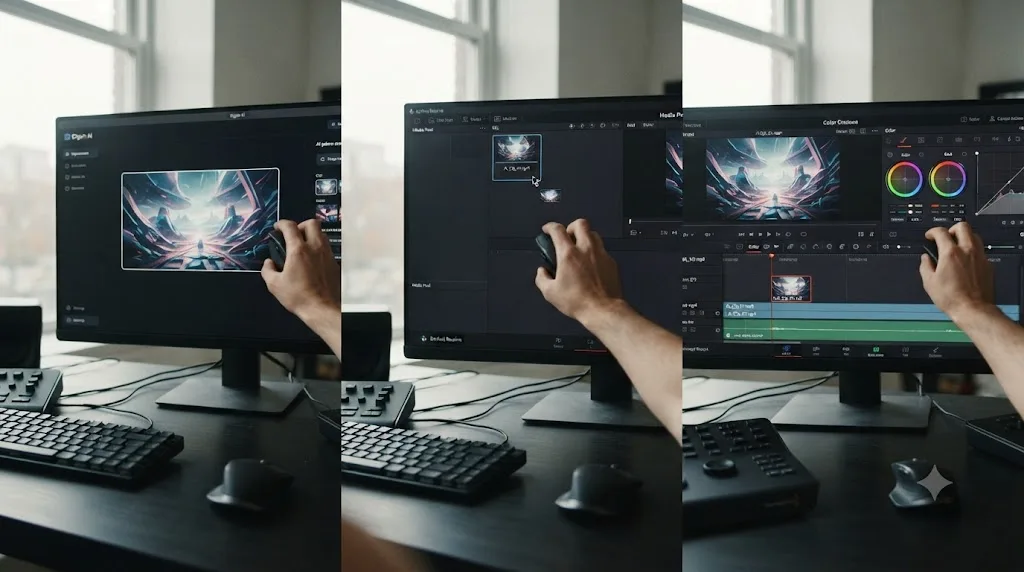 Illustration of a step-by-step workflow showing an AI-generated clip moving into a DaVinci Resolve Media Pool and onto a graded timeline