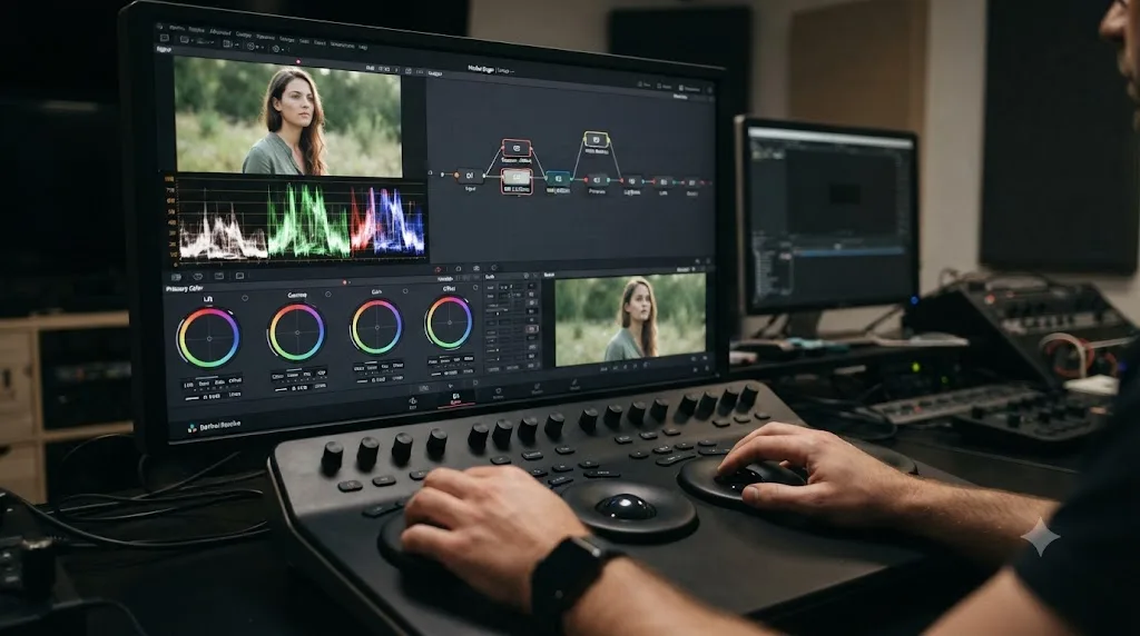 Illustration of DaVinci Resolve's Color page node graph with color wheels and a waveform scope for exposure and white balance corrections
