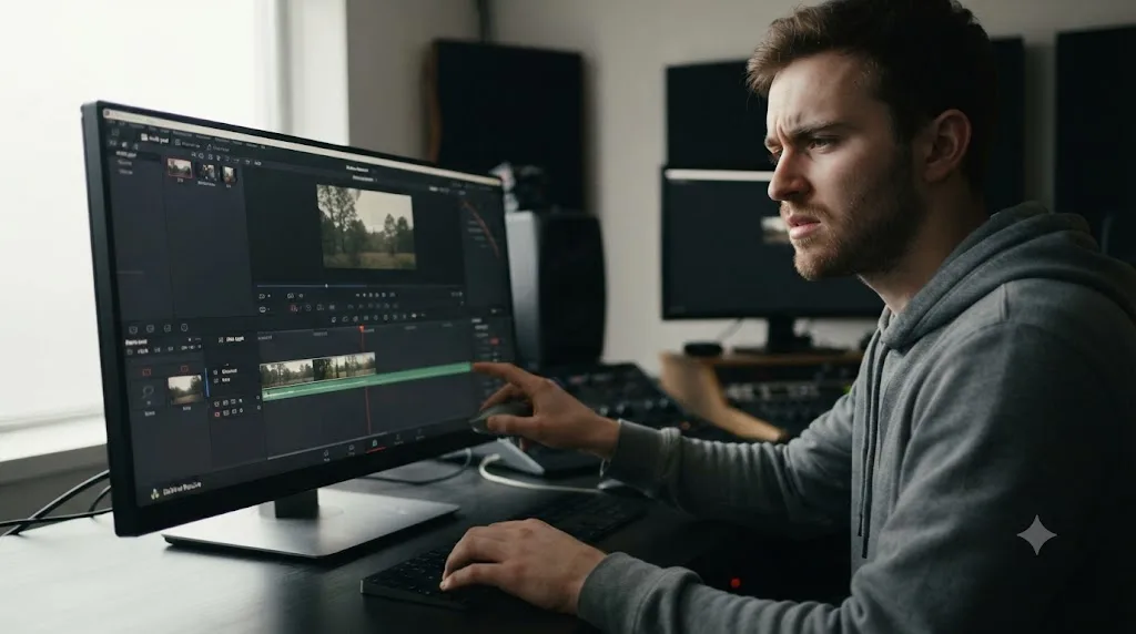 Illustration of a total beginner with no camera trimming their first clip on DaVinci Resolve's Edit page timeline