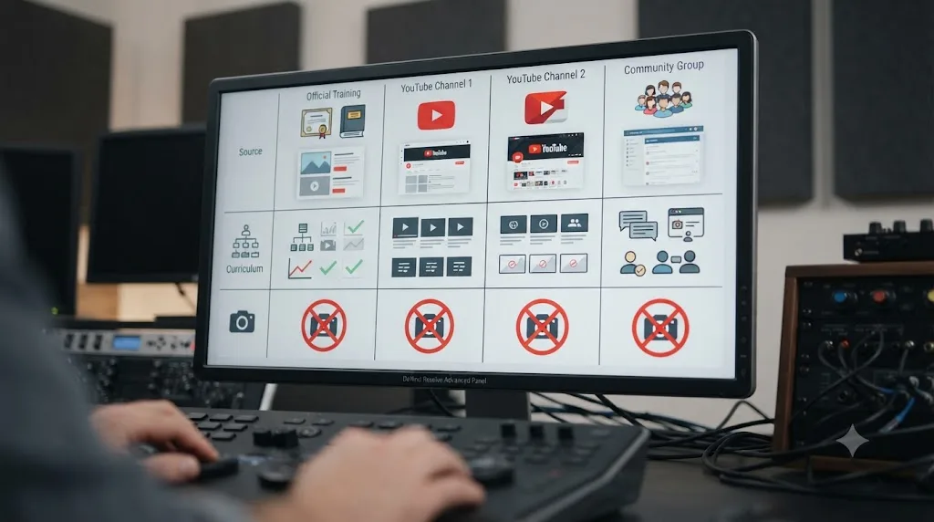 Illustration of a comparison grid showing official training, YouTube tutorials, and a community group, none requiring photography background