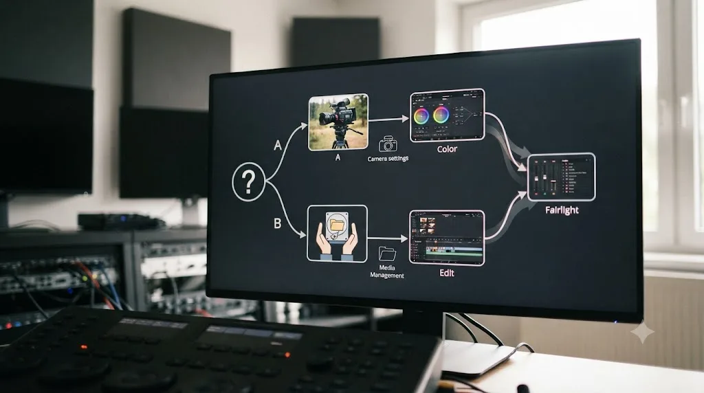 Illustration of a decision tree splitting between shooting your own footage and editing someone else's footage, each leading to a different learning starting point