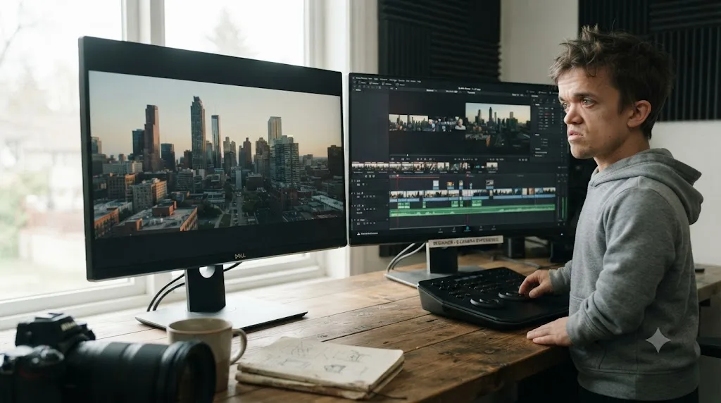 Illustration of a finished DaVinci Resolve export playing back beside a beginner who started with zero camera experience