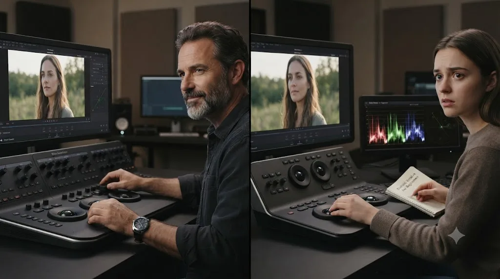 Illustration comparing an experienced photographer's confident color read with a beginner relying on DaVinci Resolve's scopes to reach the same result
