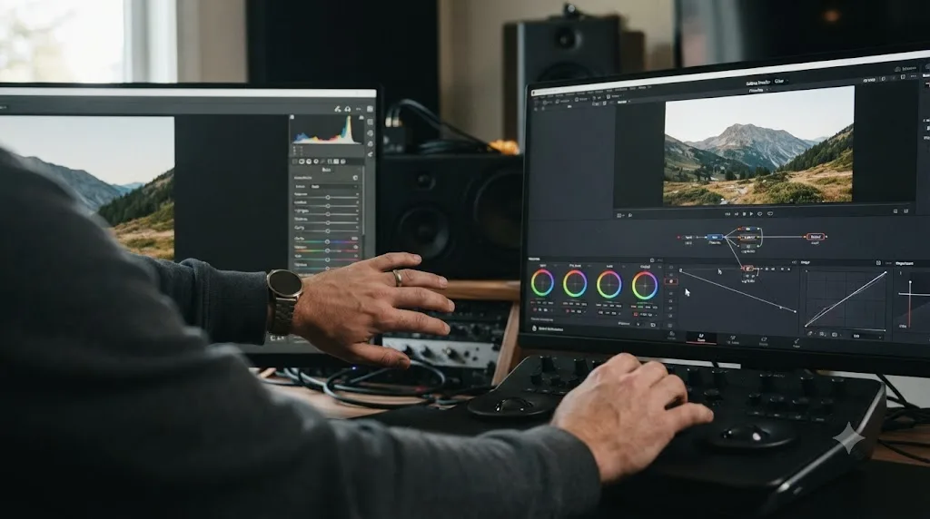 Illustration of a photographer transitioning from slider-based photo editing to DaVinci Resolve's node-based Color page