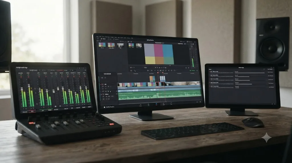 Illustration of DaVinci Resolve's Edit, Fairlight, and Deliver pages shown side by side, none requiring photography knowledge