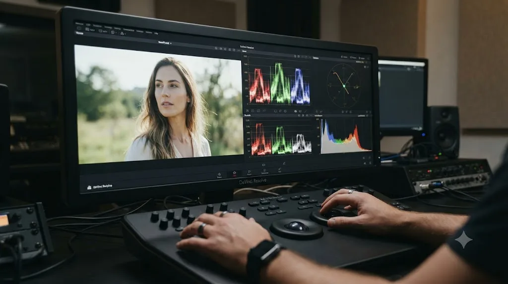 Illustration of DaVinci Resolve's four scopes, waveform, RGB parade, vectorscope, and histogram, shown together