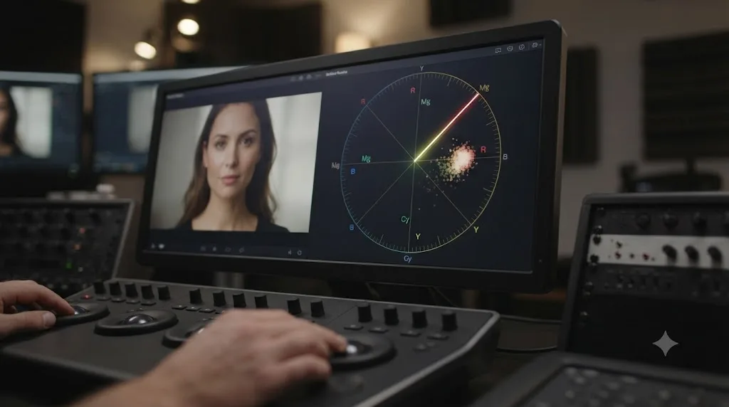 Illustration of a DaVinci Resolve vectorscope with its skin tone indicator line providing an objective color reading
