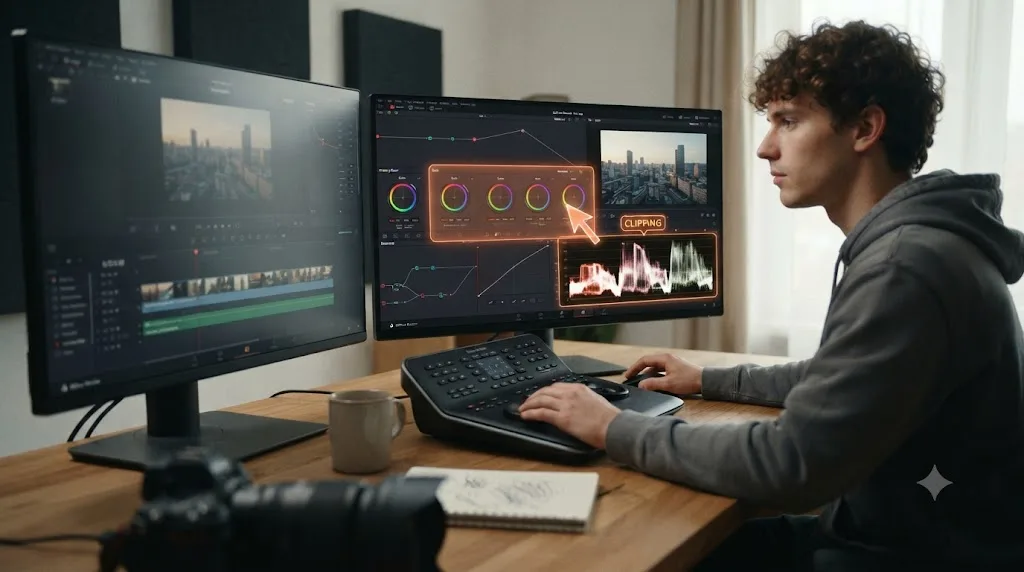Illustration of an assistant overlay pointing at a color grading control inside DaVinci Resolve's Color page for a beginner