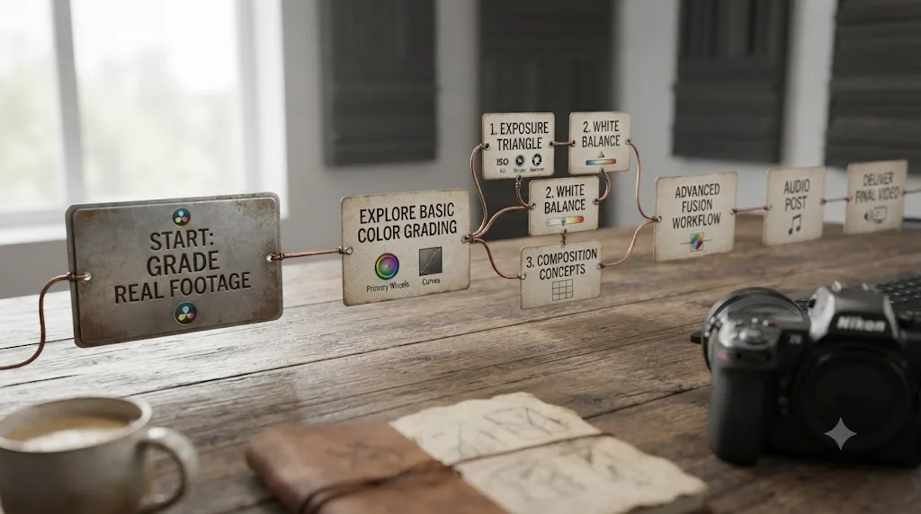 Illustration of a learning timeline showing exposure, white balance, and composition concepts introduced after starting to grade real footage