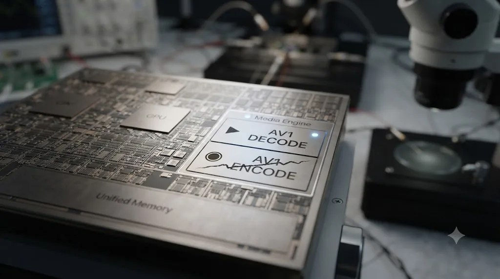 Illustration of an Apple Silicon chip diagram showing its Media Engine with AV1 decode enabled and AV1 encode missing