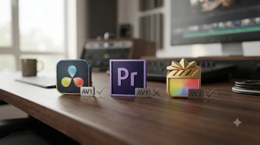 Illustration of three video editor application icons, DaVinci Resolve, Premiere Pro, and Final Cut Pro, each labeled with their AV1 export support status
