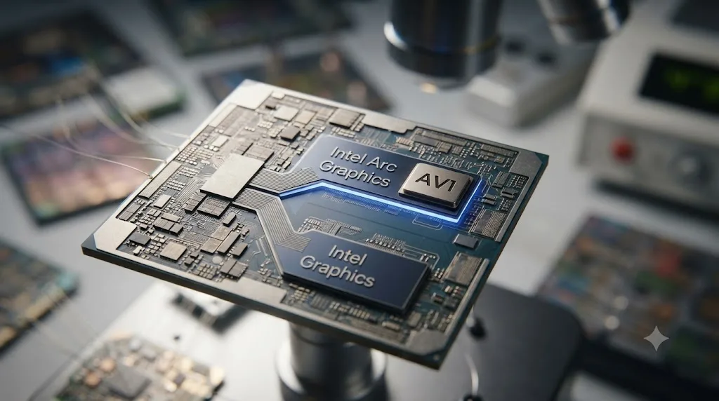 Illustration of an Intel Core Ultra laptop chip diagram comparing an Intel Arc Graphics branded integrated GPU against a plain Intel Graphics branded integrated GPU, showing which one qualifies for AV1 encoding in DaVinci Resolve