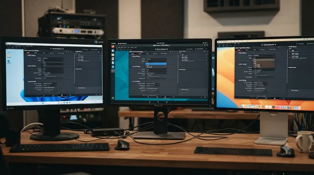 Illustration of a DaVinci Resolve Deliver page render queue with an AV1 codec option, shown across a Windows PC, a Linux workstation, and a Mac with the option missing