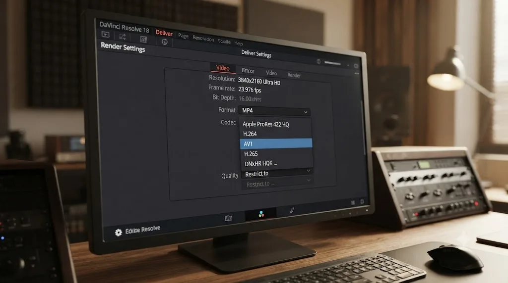 Illustration of a DaVinci Resolve Deliver page video settings panel with the Format set to MP4 and AV1 highlighted in an open Codec dropdown