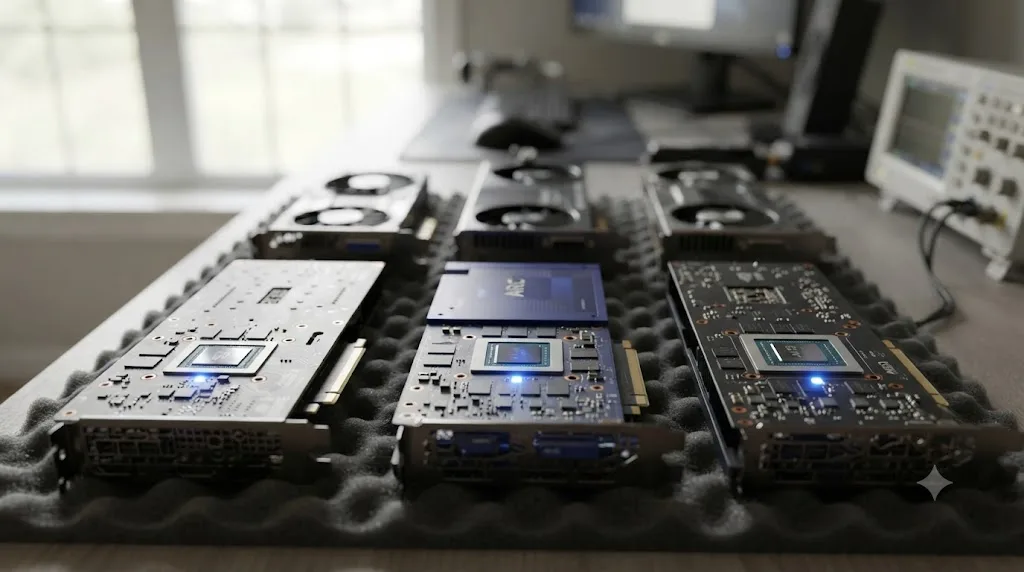 Illustration of three current-generation graphics cards with a highlighted AV1 encoder chip, next to three older cards with the same chip area empty