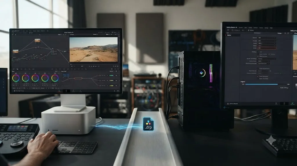Illustration of a split workflow with a Mac completing a color grade and handing the project off to a Windows PC for the final AV1 render