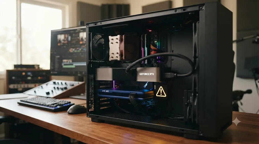 Illustration of a workstation with a primary Nvidia graphics card handling the display and a secondary Intel Arc card dedicated to encoding, with a warning about display configuration