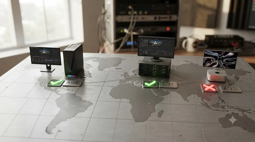 Illustration of a Windows PC and Linux workstation both showing AV1 export support with checkmarks, next to a Mac showing an X for no AV1 export