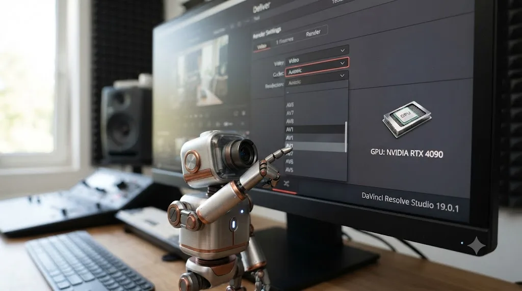 Illustration of the TryUncle assistant pointing at a DaVinci Resolve Deliver page codec dropdown next to a GPU icon and version number