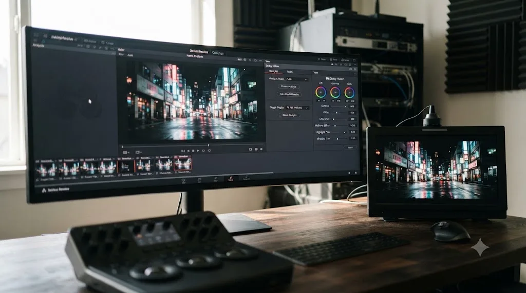 Illustration of a DaVinci Resolve Color page timeline with a Dolby Vision panel open beside a mastering monitor showing an HDR waveform