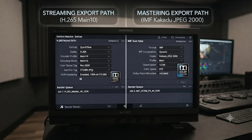 Illustration of a DaVinci Resolve Deliver page showing two export paths, H.265 for streaming and IMF Kakadu JPEG 2000 for professional mastering